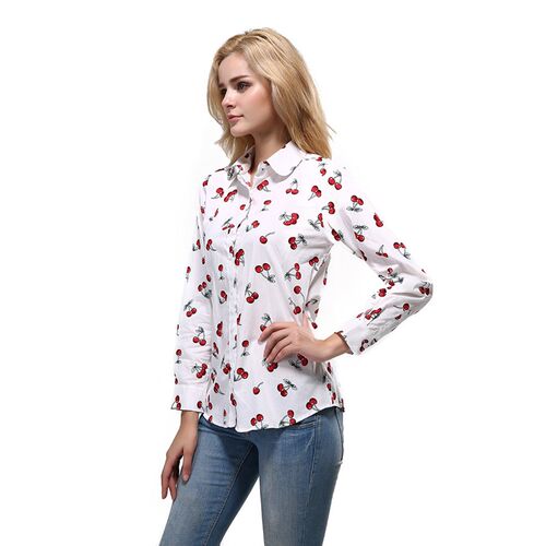 Women Shirts Long Sleeve Cotton Blouse Fashion Print Cherry
