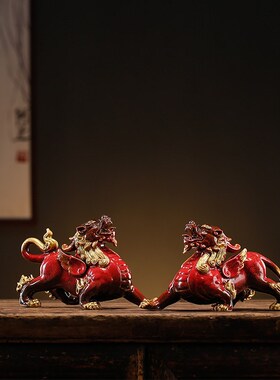世禧招财貔貅摆件一对家居陶瓷皮丘客厅茶几装饰品办公桌送礼品