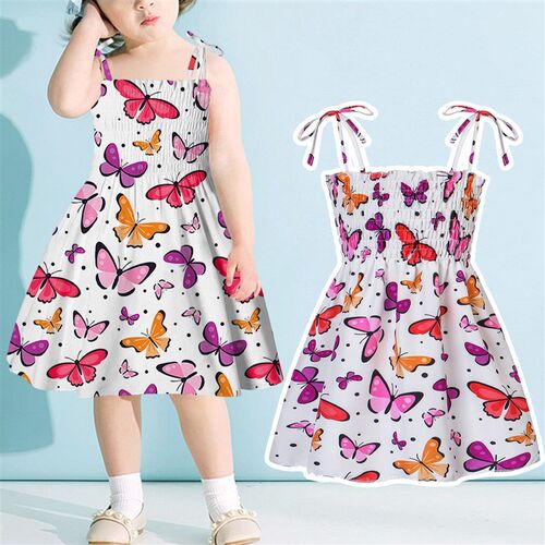 Girls Butterfly Printing Dress Sleeveless Strap Summer Beach