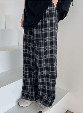 Plaid Pants Women Casual Oversize 2XL Loose Wide Leg Trouser