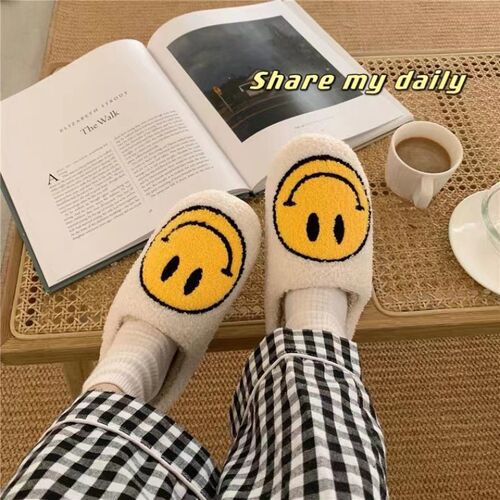 Smile Face Warm Winter House Fur Slippers for Women Cute Smi