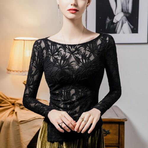 Womens Wool-neck Lace Base Shirt With Shaving Hollow-out 20