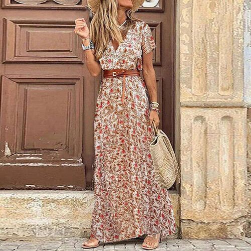 Women Casual Bohemian V-Neck Dress Short Sleeve Floral Print