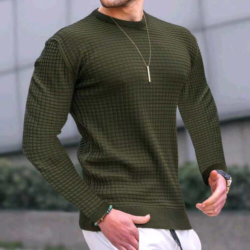 Autumn and Winter Slim-fit Plaid Sweater Mens Crewneck Pull