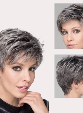 Wig Womens Fluffy Short Straight Hair Dark Brown Highlighte