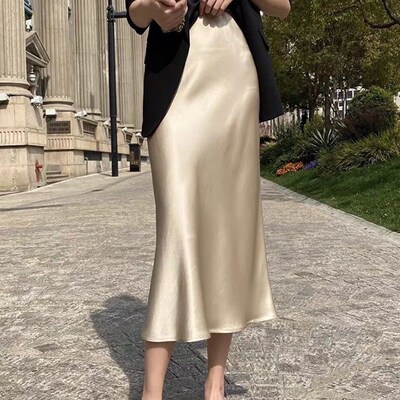 Silk Satin Skirts for Women Korean Style Champagne Office Hi
