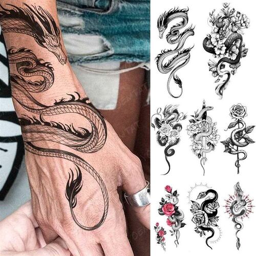 Waterproof Temporary Tattoo Sticker Black Snake Dragon