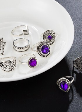 Tocona 9pcs/set Purple Crystal Stone Vintage Silver Rings fo