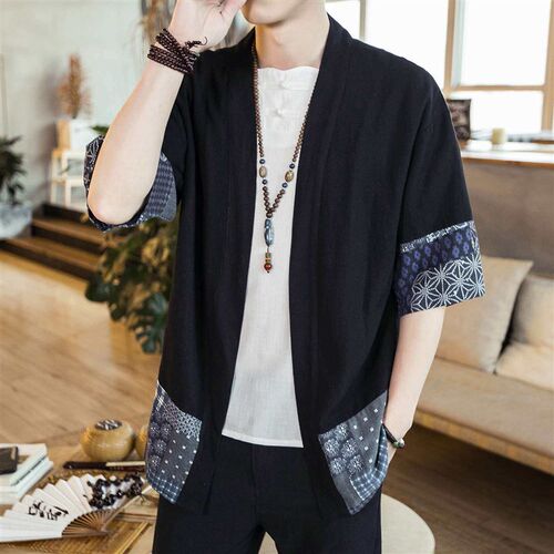 Summer clothes new cotton and linen stitching mens Hanfu re