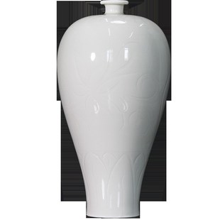 定窑定瓷摆件梅瓶陶瓷白定仿宋刻花缠枝莲经瓶中式花瓶白瓷工艺品
