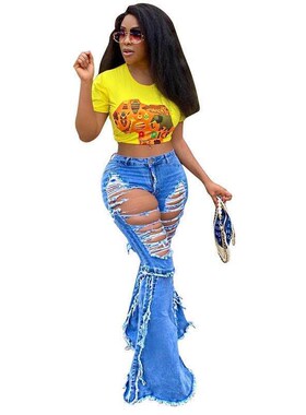 Women's personalized front and back torn denim flared pa