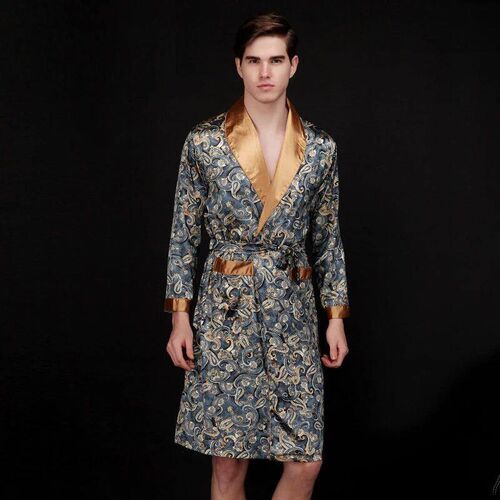 Coffee And Navy Blue Men Silk Robes 2024 Male Senior Satin S
