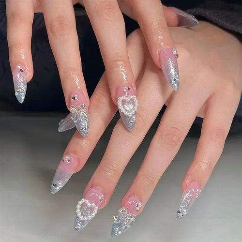 24Pcs White Almond False Nails Ballet with French Design Wea