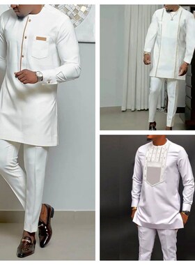 Summer Kaftan 2 Piece Sets Mens Suit Button Crew Neck Pocke