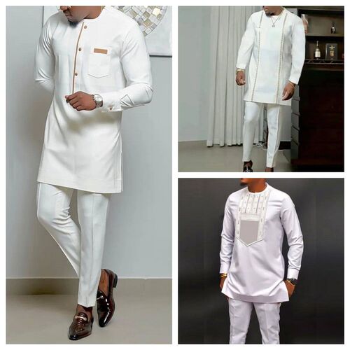 Summer Kaftan 2 Piece Sets Mens Suit Button Crew Neck Pocke