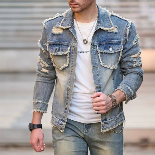 New Men Autumn Setwear Fashion Solid Ripped Slim Denim