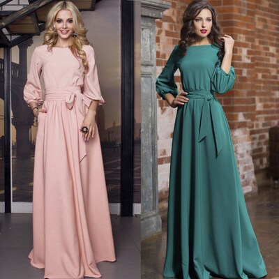 Vintage Tie Long Dress Women Lantern Sleeve Elegant Frenulum