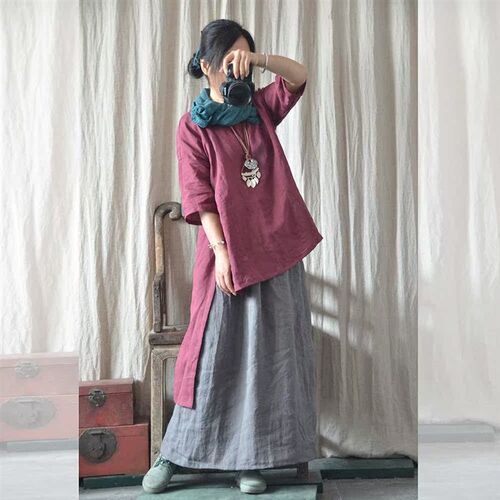 Cotton and Linen Long Dress Womens Wear Ramie Mid-length Dr