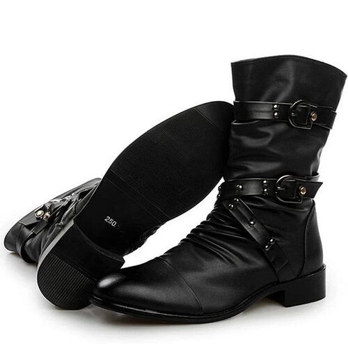 Mens Leather Boots High Quality Biker Boots Black Punk Rock