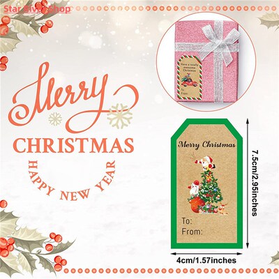 50-300Pcs Merry Christmas Gift Tags Kraft Paper Stickers Gif