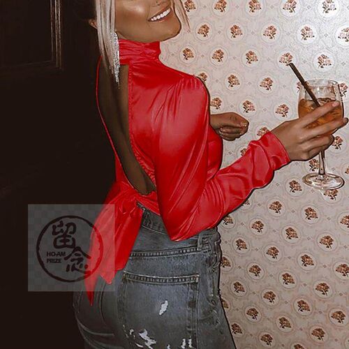 。Autumn high collar long sleeve solid color backless sexy w