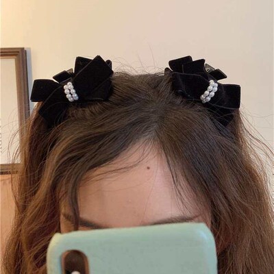 Vintage Elegant Velvet Bow Hairpin Small Front Fringe Grab C
