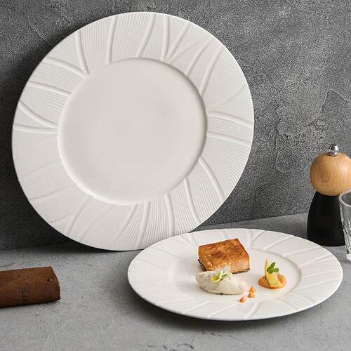 10-inch Hotel Platter Floral Embossed Rim Ceramic Plate