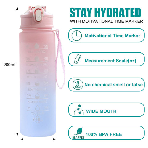 900ML Sports Water Bottle with Time Marker Leak-proof Cup Mo