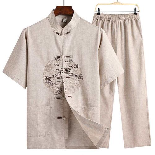 Middle-aged Father Cotton Linen Short-sleeved Tang Suit for