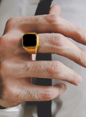 Man Ring Black Carnelian Signet Rings Stainless Steel Square