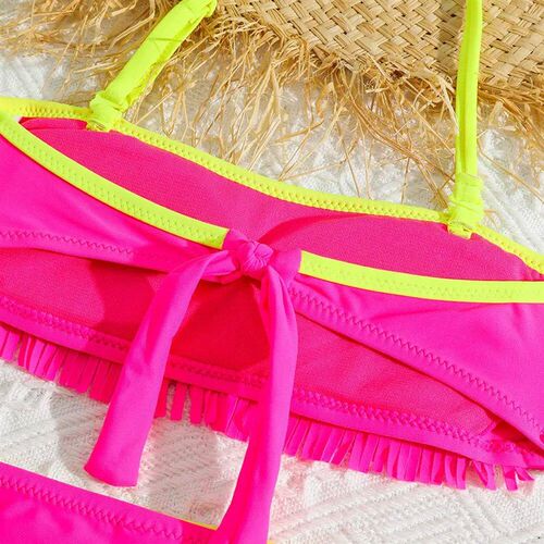 Girls Patchwork Fringe Bikini Swimsuit Kids Halter Top Two P
