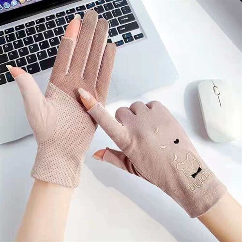 Cotton Short Gloves Womens Sunscreen Thin Dew Two-Finger Dr