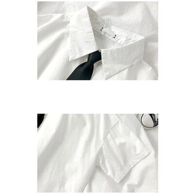 White Shirt Women Blusas Short Sleeve Lapel Blouse with Tie