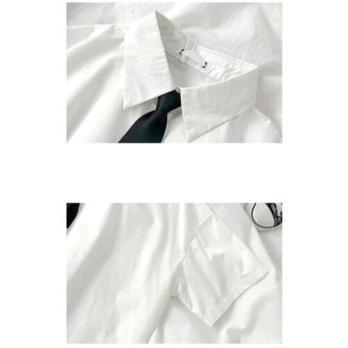 White Shirt Women Blusas Short Sleeve Lapel Blouse with Tie