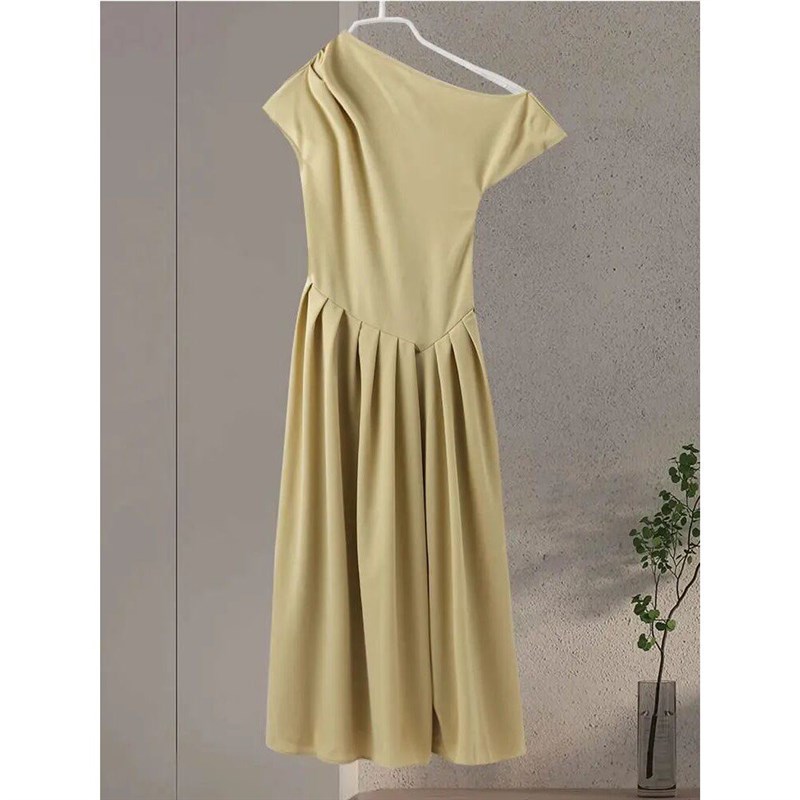 Elegant Dress Women Casual Diagonal Collar Slim A Line Robe图片