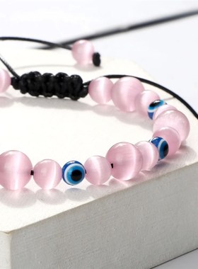 Blue Evil Eye Beaded Bracelets Natural Cat Eye Stone 6 8mm O