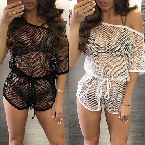 Bikini Cover Up Mesh Hollow Crochet Swimsuit Beach Jumpsuit