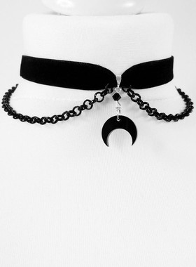 Goth Tattoo Inverted Crescent Sretchy Chain Choker Black Moo