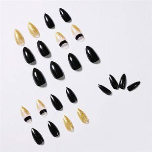 24Pcs Detachable Black Gold Glit Pointed Stiletto Fake Nails