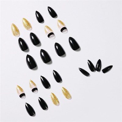 24Pcs Detachable Black Gold Glit Pointed Stiletto Fake Nails