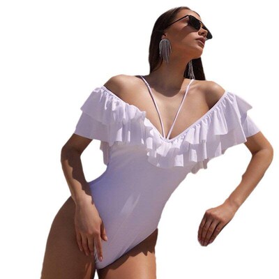 Solid Color Doublelayer Ruffled Deep V Halterneck Onepiece S
