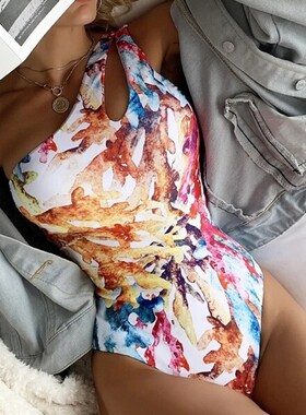 One Piece Swimsuit Women Bodysuit Print One Shoulder Swimwea