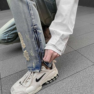 Steet tendy Ripped Leg Zipper Pants Yellow Mud Dyed Washed V