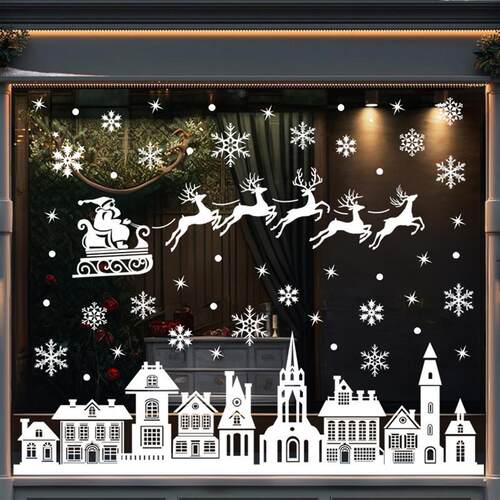 Xmas White Window Stickers - House/Mall Glass Decor