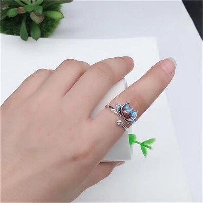Vintage Silver Plated Blue Lotus Flower Rings For Men Women
