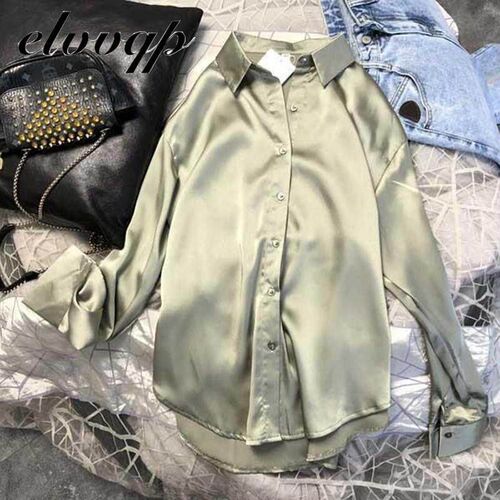 New Spring Autumn Women Fashion Long Sleeves Satin Blouse Vi