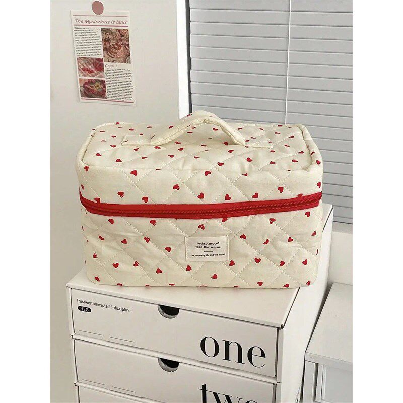 1pc/set red love quilted makeup bag, large capacity makeup b