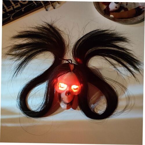Halloween Hanging Ghost Skull with Long Hair Glowing Eyes