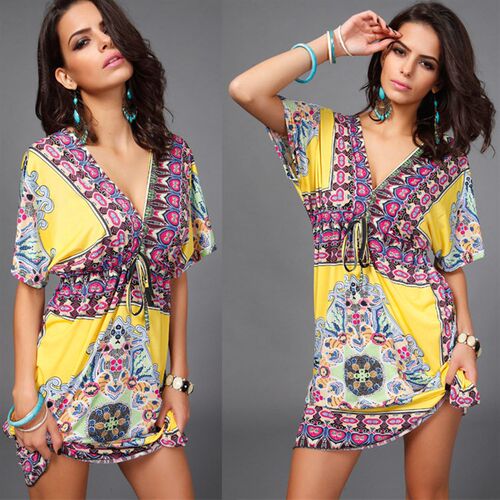 Women Pattern Dress Vest Pullover V-neck Dress Casual Set