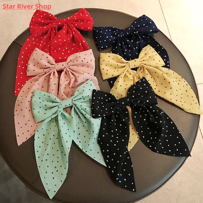 Polka Dot Print Big Bow Hair Clips Barrettes Bow Knotted Lon